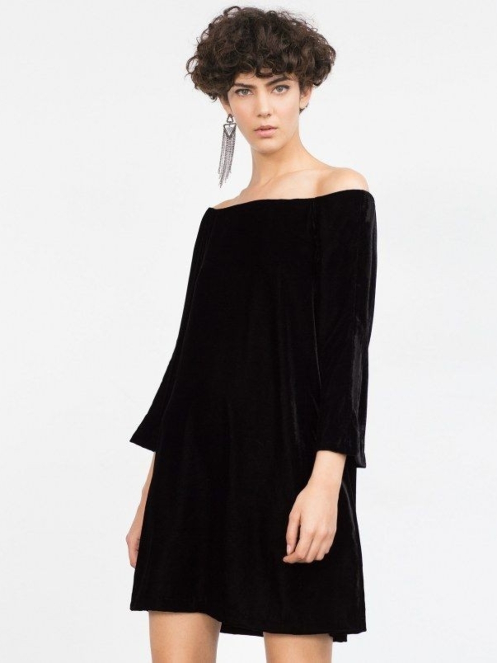 ZARA Black Off-The-Shoulder Mini Velvet-Style Swing Dress Sz M Bell Sleeve Party